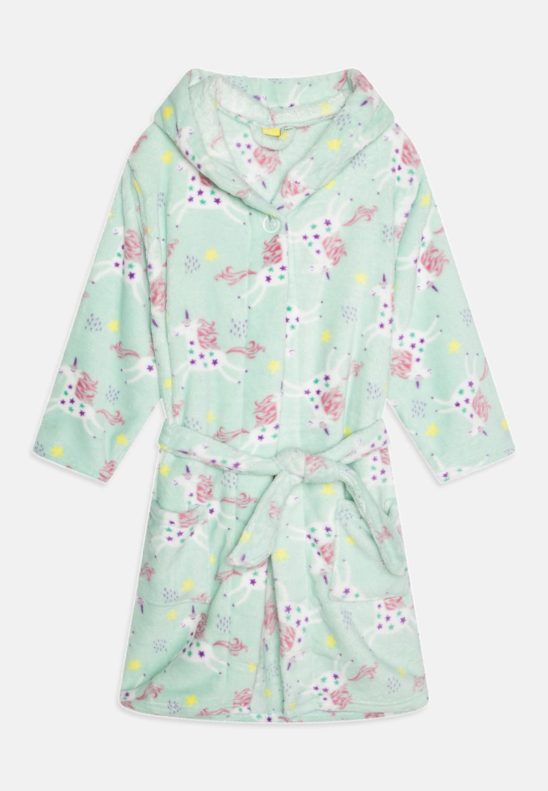 Fleece kopalnik v mint zeleni barvi z motivi enorogov in zvezd, z kapuco, dvema žepoma in prednjim pasom. Mehka tekstura z gumbom za zapiranje.
