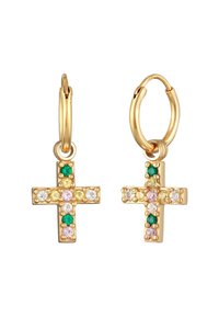 Gyllene hoopsmycken med ett korsdesign prytt med färgglada ädelstenar: grön, rosa, gul och klar, som ger en livfull touch.