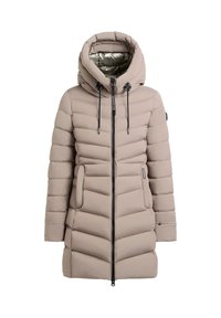 Pufferjas in gedempt beige, met een capuchon, ritssluiting aan de voorkant en een verticale gestikte patroon. Inclusief twee voorzakken en trekkoordaccenten.