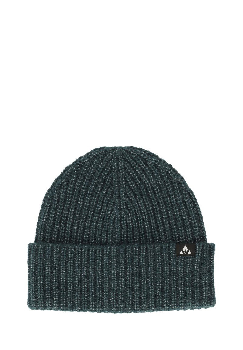 Breipet in donker teal, met een geribbelde structuur, omgeslagen rand en een klein zwart logo-oplabel aan de zijkant. Zachte textuur en warm materiaal.