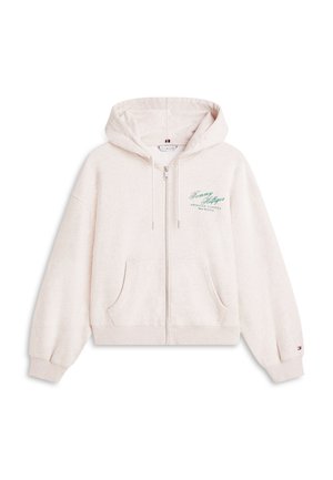 Off-white hoodica na patentni zatvarač s prednjim džepovima, kapuljačom sa špagicom i zelenim natpisom "Tommy Hilfiger American Classics New York City" na prsima.