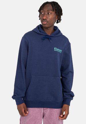 Sudadera de algodón azul marino con capucha ajustable y cordones, bolsillo frontal y logo de Element en teal. Presenta puños y dobladillo acanalados.