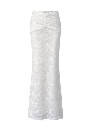 Weißer Spitzen-Midirock mit gerafftem Taillenbund und welligem Saum, mit figurbetontem Schnitt und floralen Spitzenmuster.