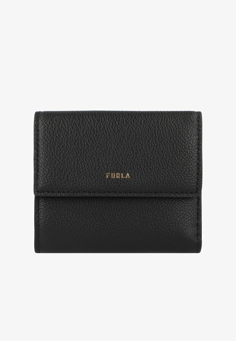 Carteira de pele preta com um acabamento texturizado, apresentando um fecho dobrável e um detalhe em logotipo dourado na parte da frente. Forma compacta e rectangular.