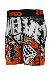 Men's boxer briefs in a black, orange, and white design featuring a tiger, dice, and flame motifs. Made from stretchy fabric with a black waistband.
