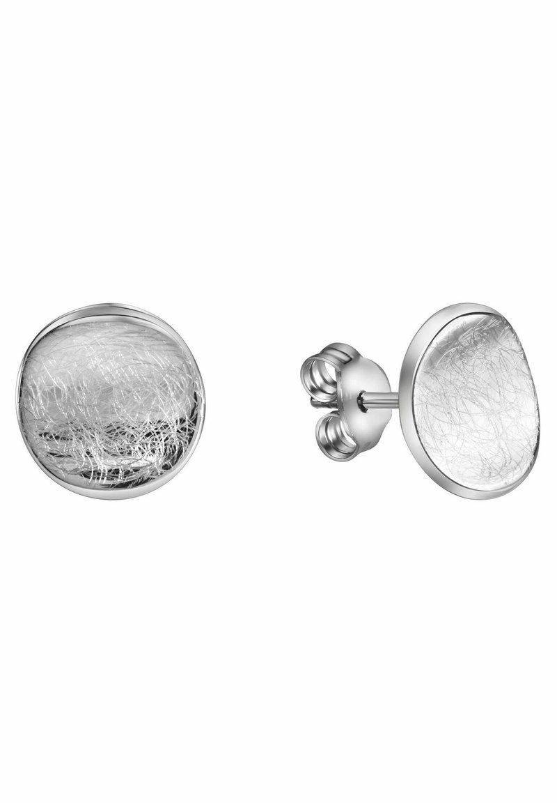 Orecchini a perno in argento di forma rotonda, con un centro in resina traslucida e texture che contiene sottili filamenti bianchi.