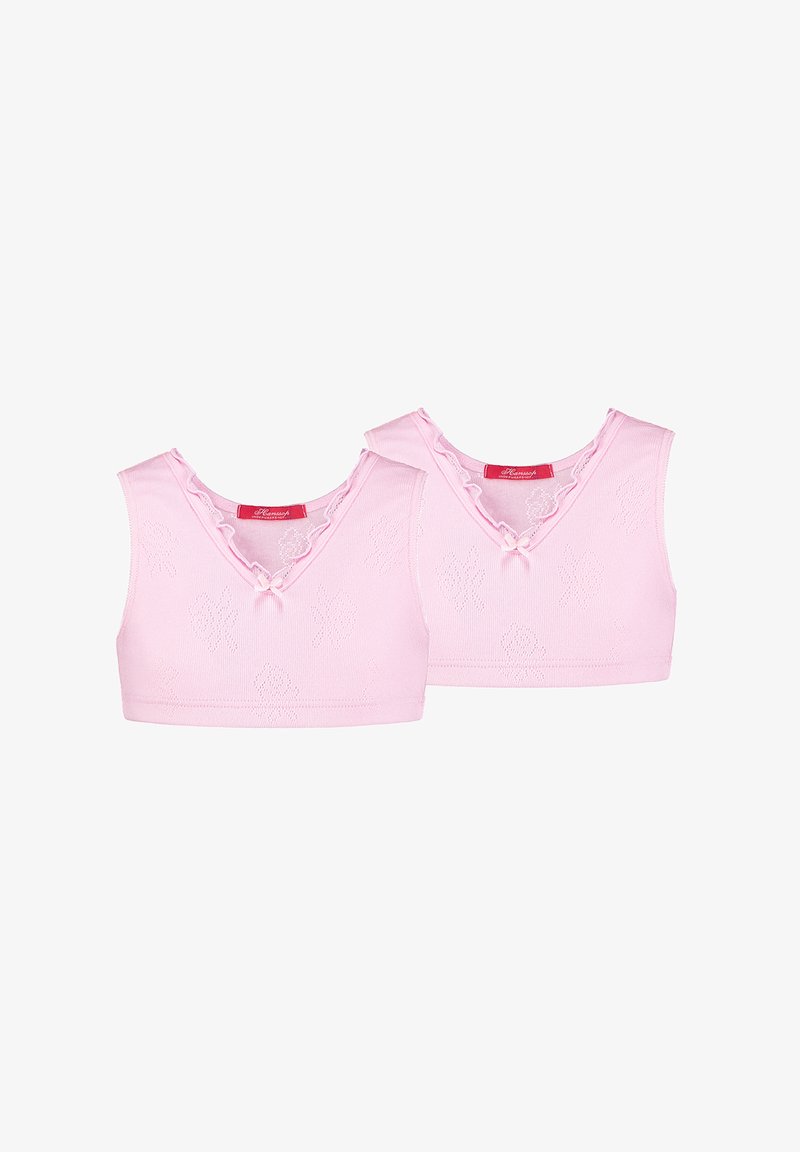 Zwei rosa Croptops mit V-Ausschnitt, aus geripptem Material, mit floralem Muster und einer Schleifenapplikation am Kragen.