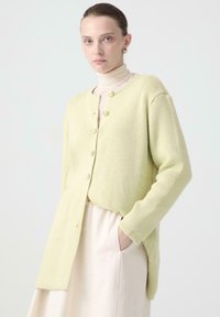 Svetlozelená rebrovaná cardigan so suchými gombíkmi, dlhými rukávmi a voľným strihom. Vzhľadovo ladí so svetlo krémovou sukňou. Hladká textura.
