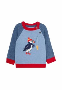 Hellblauer Pullover mit rotem Rippenkragen und -bündchen. Hat eine Puffin-Grafik, die mit einem gelben Fisch angelt. Weiche Stricktextur.