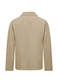 Beige jas met een rechte snit, een kraag en lange mouwen. Heeft een gladde textuur en strakke lijnen vanaf de achterkant. Geen zichtbare sluitingen.