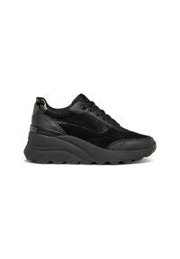 Czarne sneakersy o mieszanych materiałach, w tym gładkich i teksturowanych panelach, z amortyzowaną podeszwą i czarnymi sznurowadłami.