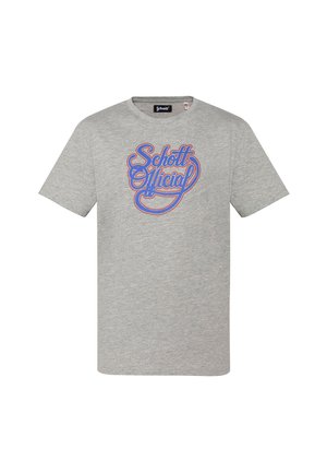 Graues T-Shirt mit kurzen Ärmeln und blauem sowie rotem, stilisiertem "Schott Official" Text auf der Vorderseite sowie einem schwarzen Schott-Etikett im Innenkragen.