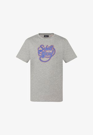 T-shirt gris à manches courtes avec texte stylisé "Schott Official" en bleu et rouge sur le devant et une étiquette noire Schott à l'intérieur du col.