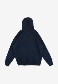 Granatowa bluza z kapturem, mieszanka bawełny, z kapturem na sznurku, ściągaczami przy mankietach i dolnej krawędzi oraz gładką teksturą bez widocznych wzorów.