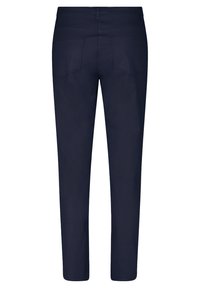 Marineblaue Hose mit glatter Textur, geradem Schnitt und zwei Gesäßtaschen. Mit einer mittleren Taille und einem Saum, der über dem Knöchel endet.
