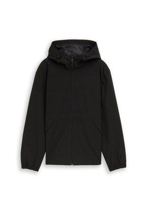 Veste noire à capuche avec fermeture éclair, manches longues et poignets élastiques, dotée de deux poches frontales et de cordons de serrage réglables sur la capuche.