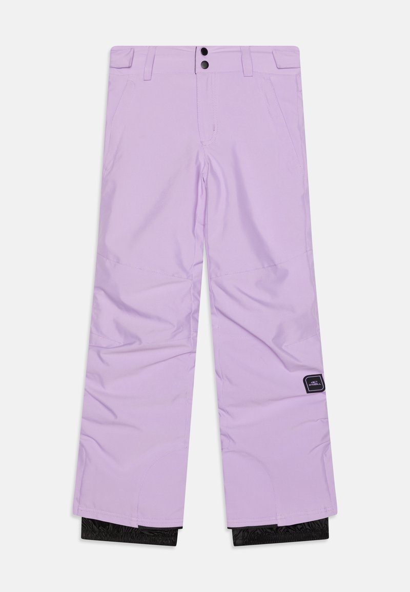 Pantalon de ski violet clair avec une texture lisse, jambes larges et accents noirs aux poignets. Comprend deux poches avant et un patch de logo cousu.