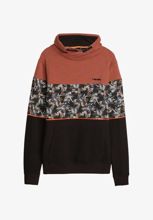 Hoodie met een rood gestreept bovenstuk, zwarte onderkant en een gemusterd middenpaneel met oranje accenten en een voorzak.