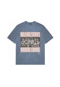 Gray cotton t-shirt with a crew neck, featuring a vintage-style printed graphic of skeletons and the text "Rolling Stones Voodoo Lounge."