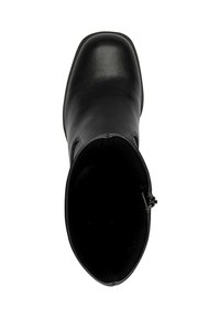 Bottines en cuir noir avec un bout arrondi, finition lisse, doublure intérieure et fermeture éclair sur le côté pour un enfilage facile.