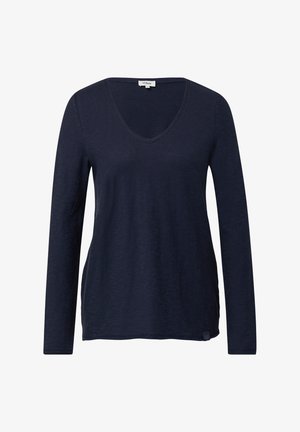 Navyblaues Langarm-V-Ausschnitt-Oberteil aus weichem, leichtem Stoff; hat eine lockere Passform und ein kleines Seitentag-Detail.