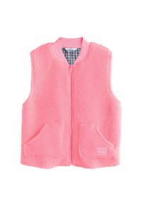 Rožna prešita jopa z zadrgo spredaj, rebrastim ovratnikom in dvema sprednjima žepoma. Notranjost ima karo vzorec. Mehka tekstura po celotni površini.