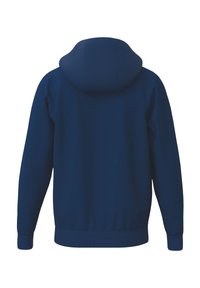 Marineblauwe hoodie met een kangaroo-zak aan de voorkant, geribbelde manchetten en zoom, en een gevoerde capuchon. Gemaakt van zachte, duurzame stof. Eenvoudig, strak ontwerp.