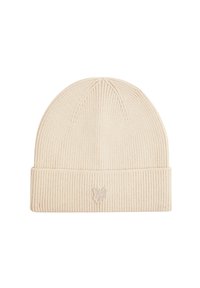 Beige ribbelbrei muts met een omgeslagen rand. Heeft een subtiele geborduurde vlinderlogo aan de voorkant. Zachte textuur, aansluitend ontwerp.