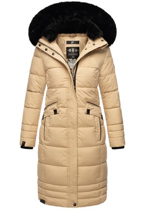 Beige pufferjack met een zwarte bontgehoekte capuchon, ritssluitingen aan de voorkant, twee zijzakken en gestikte panelen. Geweven stof met een gladde afwerking.