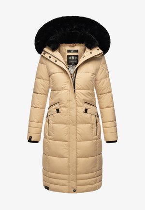 Beige puffer coat with a black fur-trimmed hood, zippered front, two side pockets, and stitched panels. Textured fabric with a smooth finish.