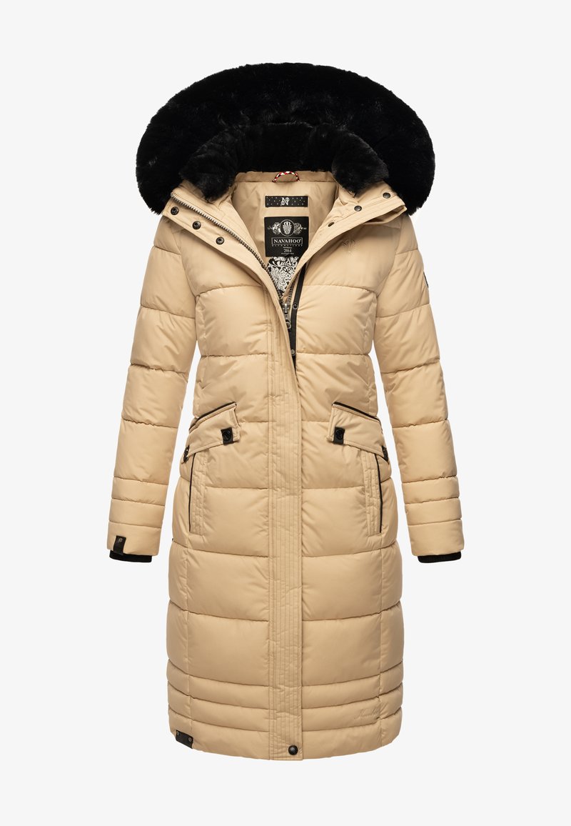 Beige puffer coat with a black fur-trimmed hood, zippered front, two side pockets, and stitched panels. Textured fabric with a smooth finish.