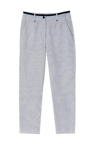 Pantalons en coton rayés avec une taille marine et une fermeture à bouton, dotés de poches latérales et d'un design à jambe droite en bleu et blanc.