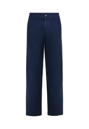 Navyblå vidbenede bukser af letvægtsstof med knaplukning og forlommer. Glat tekstur med en afslappet silhuet.
