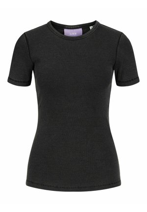 Melna īsām piedurknēm T-krekls ar ribotu tekstūru, apaļu kakla izgriezumu un kontrastējošām šuvēm. Audums izskatās elastīgs un pieguļošs.