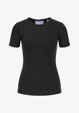 Svart kortermet t-skjorte med ribbet tekstur, rund halslinning og kontraststingingsdetaljer. Stoffet virker elastisk og tettsittende.