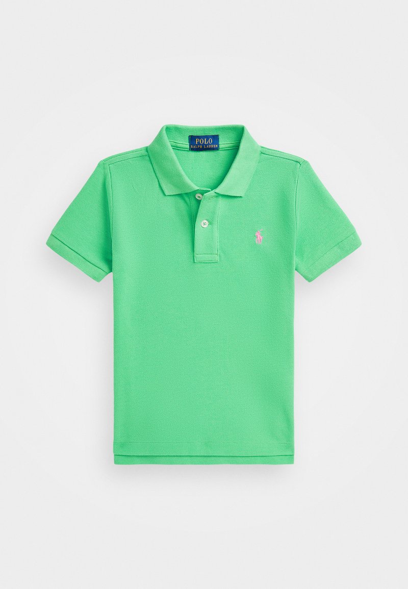 Zaļš polo krekls no teksturēta auduma, ar klasisku apkakli, īsām piedurknēm un mazu rozā logo kreisajā krūtī.