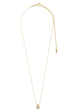 Guldtonet halskæde med en delikat kæde, der har en lille vedhæng med en klar ædelsten i en blomsterindfatning og en justerbar lås.