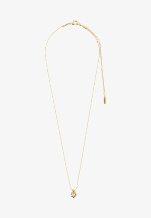 Guldtonet halskæde med en delikat kæde, der har en lille vedhæng med en klar ædelsten i en blomsterindfatning og en justerbar lås.