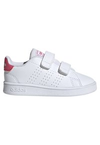 Baskets blanches avec des accents roses, en matériau synthétique. Présentent deux bandes Velcro et un design perforé sur les côtés. Semelle en caoutchouc.