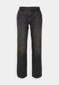 Black denim jeans with vertical pinstripes, straight-leg cut, and standard pockets. Features subtle texture and a classic five-pocket design.