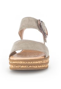 Světlé šedé semišové wedge sandály se širokým popruhem a kulatou kovovou sponou, s vrstvou korkové podrážky pro zvýšení výšky a podporu.