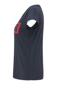 Navy blue crew neck T-shirt in soft cotton, featuring a large red printed logo on the front. Short sleeves and a relaxed fit design.