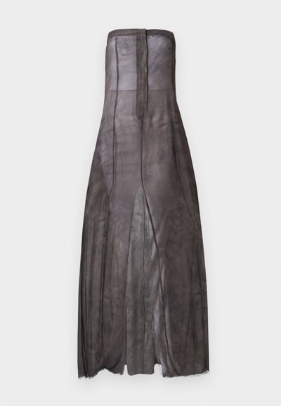 Strapless, long black dress with sheer fabric, featuring a straight cut, front slit, and subtle texture. Fastens at the back.