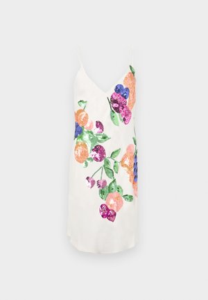 Witte mouwloze jurk met een V-hals, versierd met meerkleurige bloemenpailletten in roze, oranje, blauw en groen aan de voorkant.