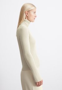 Pletiva turtleneck pulover u svijetloj bež boji, izrađen od mekanog materijala. Uži kroj s dugim rukavima i visokim ovratnikom, s vertikalnim prugama.