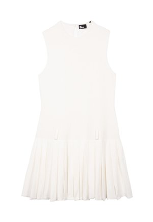 Hvid ærmeløs kjole med en ribbet overdel og plisseret nederdel. Har en nøglehuldetalje på ryggen og subtile syningsdetaljer.