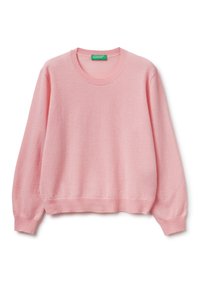 Jasnoróżowy sweter z długimi rękawami, okrągłym dekoltem oraz ści�ągaczami przy rękawach i na dole. Miękka faktura, wykonany z lekkiego materiału.