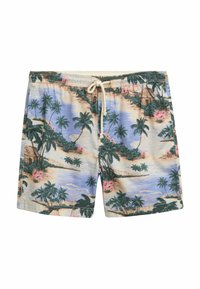 Palm-print zwembadeshorts in een lichtbeige en blauwe kleurencombinatie, voorzien van een tailleband met trekkoord en een gestructureerde stof.