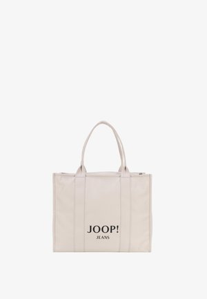 Bež torba iz blaga z dvema trdnima ročajema, ki na sprednji strani nosi natisnjen črn logo "JOOP! JEANS". Kvadratna oblika.