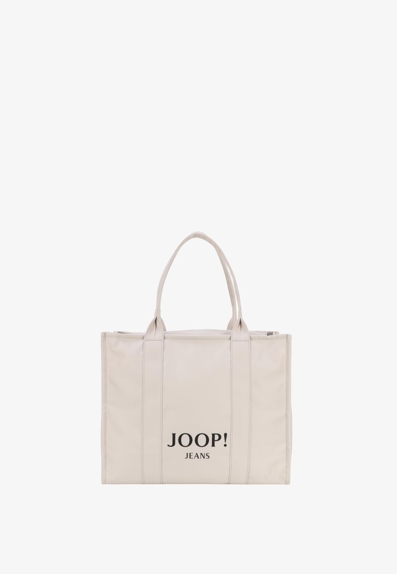Beżowa torba na ramię z tkaniny z dwiema solidnymi uchwytami, z czarnym logo "JOOP! JEANS" nadrukowanym na przodzie. Kwadratowy kształt.